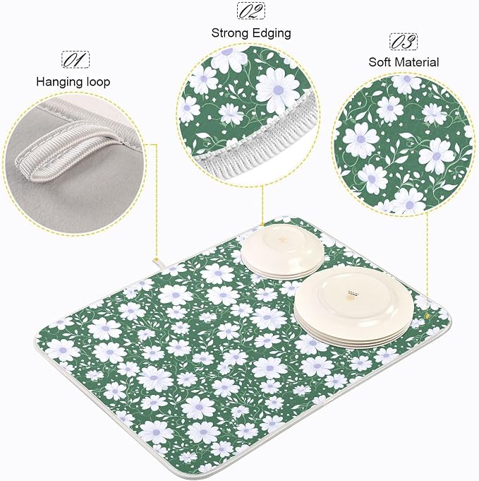 Vintage Floral Leaves Green Dish Drying Mat for Kitchen Daisy White Pastel Colors Microfiber Drying Mats Absorbent Reversible Dish Pad Medium Dish Draining Mat 16x18 inch