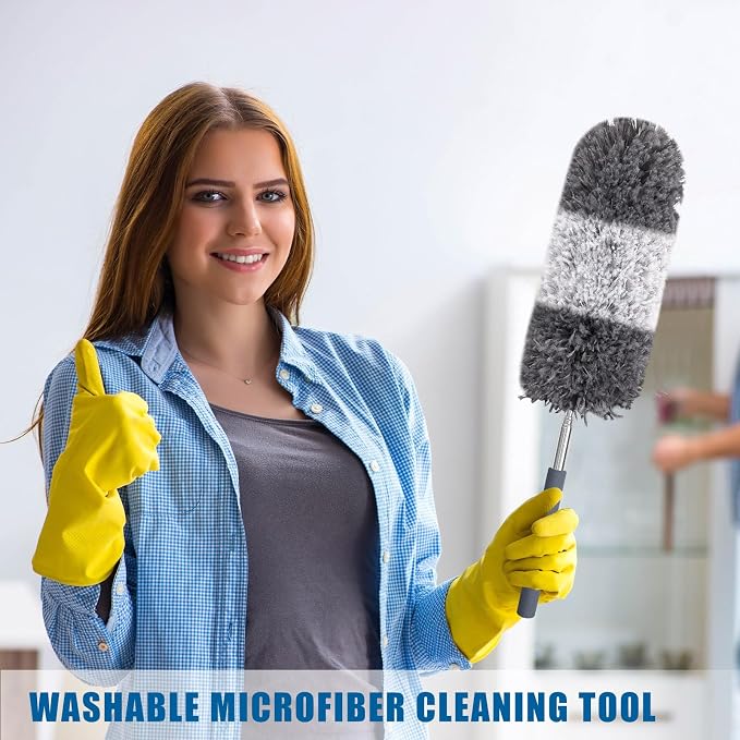Tanlade 12 Pcs Microfiber Feather Duster for Cleaning, Extendable 13-31 Inch Ceiling Fan Duster with Bendable Head, Washable Tools for Ceiling Fans, Furniture, Car, Cobwebs (Gray White)