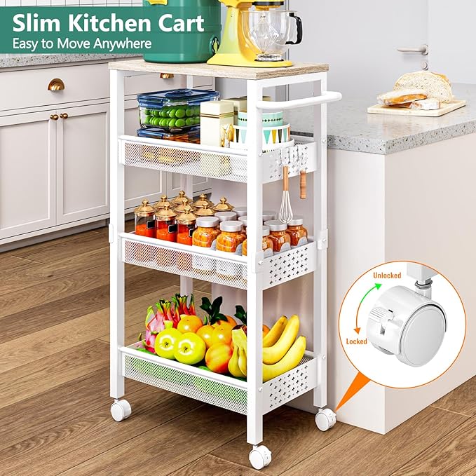 Vivihomety 4-Tier Laundry Utility Rolling Cart with Wheels, Kitchen & Bath | Narrow 8.1" wide, lockable wheels, wood top panel, metal frame, for laundry room, small spaces, pantry, tight gaps, White
