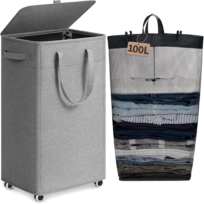 Goodpick 100L Large Rolling Laundry Basket with Wheels and Lid, Gray | 17.2 × 13.2 × 32 in, Removable Wash Bag, Collapsible Design, Clothes & Blanket Storage, Bedroom & Bathroom Organization