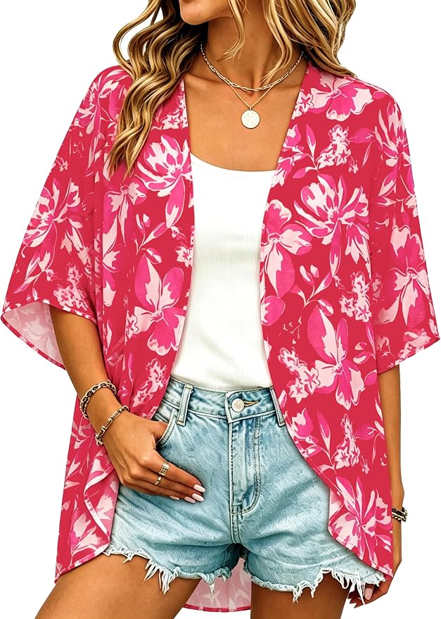 Women Kimono Cardigans Summer Cover Up Hawaiian Shirts Floral Print Tops | ROSEMIA chiffon kimono open front cardigans, beach cover ups, daily casual tops, cruise outfits, summer resort wear