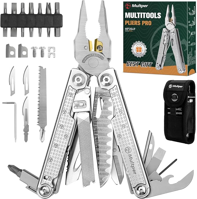Multper Multitool Pliers with Damascus Knife & Large Scissors,Screwdriver | EDC Multi tool with Replaceable Wire Cutters, Sheath, Bottle Opener, Ideal for Camping,Survival, Repair, Gifts for Men