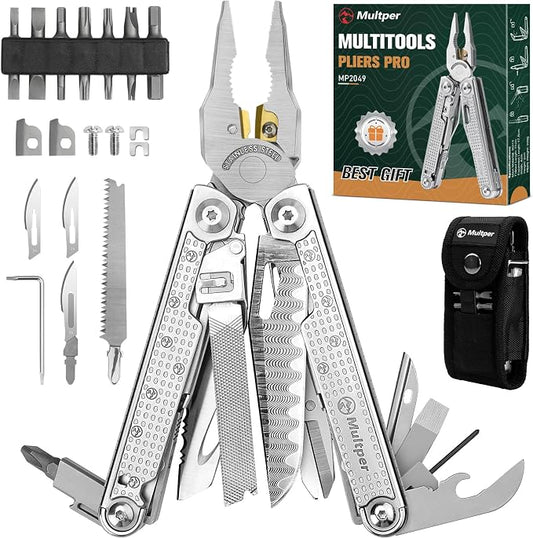 Multper Multitool Pliers with Damascus Knife & Large Scissors,Screwdriver | EDC Multi tool with Replaceable Wire Cutters, Sheath, Bottle Opener, Ideal for Camping,Survival, Repair, Gifts for Men