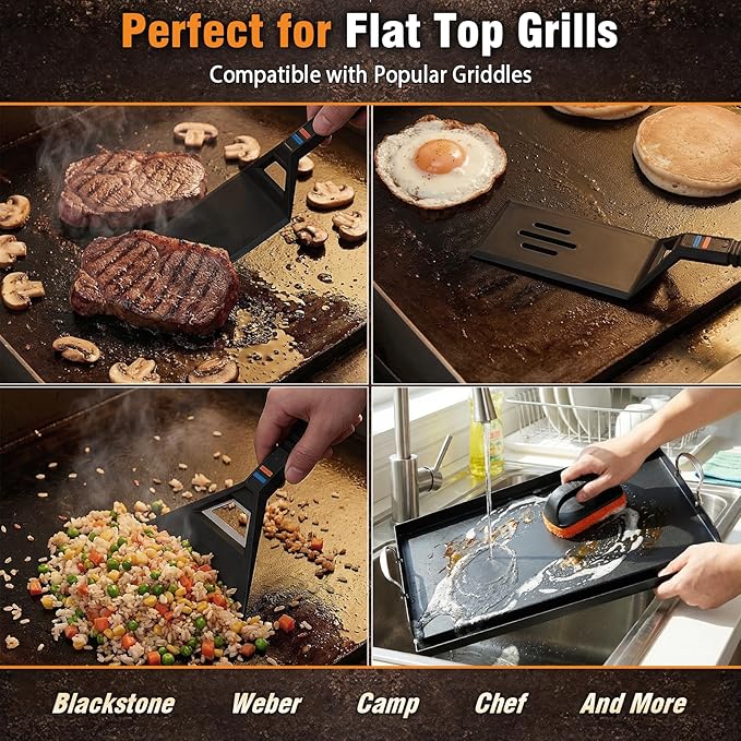 Utheer Griddle Tool Kit 5-Piece, Silicone Griddle Accessories with Stainless Steel Core, Nonstick Safe Flat Top Grill Tools Set with Spatulas, Scraper, Cleaning Brush with Replaceable Head