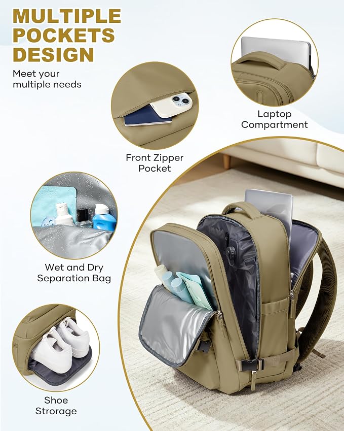 WONHOX Vacuum Seal Backpack for Travel with Air Pump 18x14x8 inches Vacpack Carry on Flight Approved Compression Daypack Laptop Space Saver Bag Storage with Vacuum System Travel Bags Women Khaki