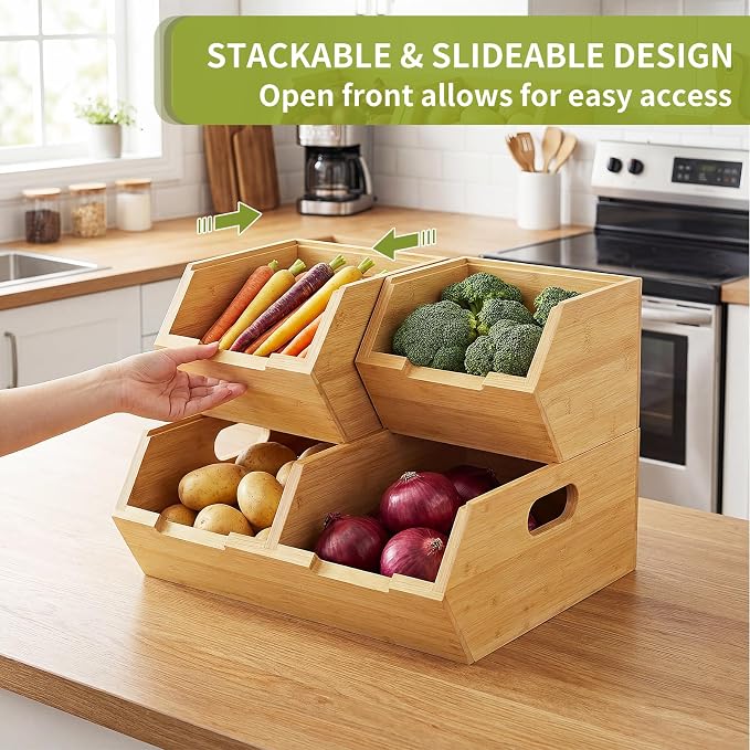 Bamboo Pantry Storage Bins, Potato and Onion Storage Bins for Countertop | Open Front Storage Bins, Large Capacity, Stackable Design, Cut-out Handles, FSC-certified Bamboo, No Assembly