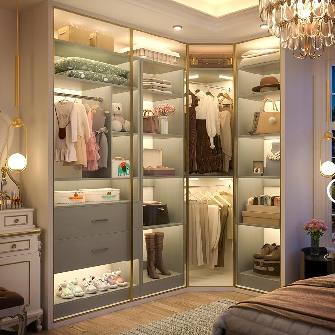 Besiost Corner Closet System with 2 Sets, 63.2" Corner Closet Organizer System with 2 Drawers + 18 Shelves + 3 Hanging Rods, Reversible L Shaped Walk-in Closets, Grey (63.2" L x 39.2" W x 80" H)