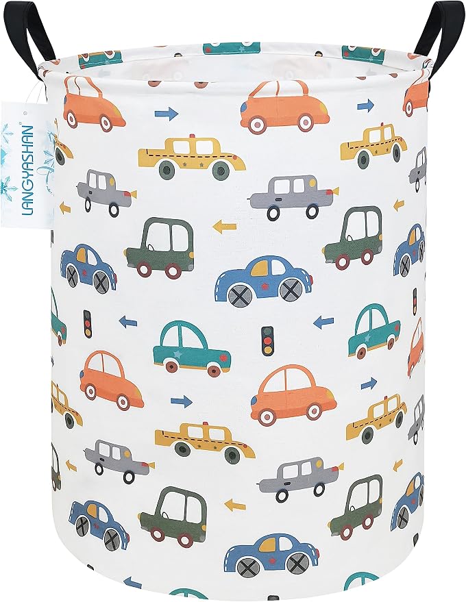 Round Laundry Basket Collapsible Storage Hamper Color Cars | Waterproof Canvas Foldable Baskets with sturdy Handles Multi-scene Organizer for Home Play Bedroom Gift Bin