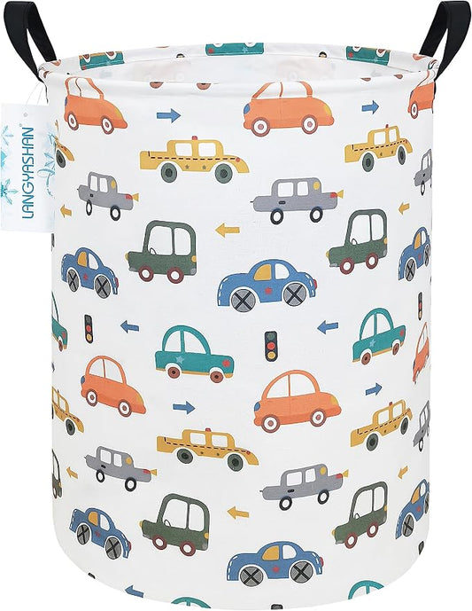 Round Laundry Basket Collapsible Storage Hamper Color Cars | Waterproof Canvas Foldable Baskets with sturdy Handles Multi-scene Organizer for Home Play Bedroom Gift Bin