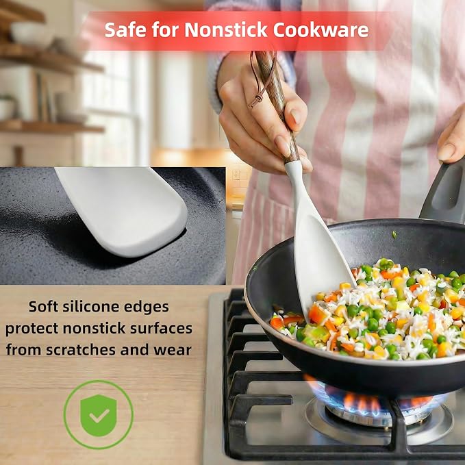Silicone Spatula Cooking Spoon 2 Pcs with Wood Handle Great for Cooking and Serving Sturdy BPA-Free Matte Silicone Suitable for Mixing and Scrape (White)