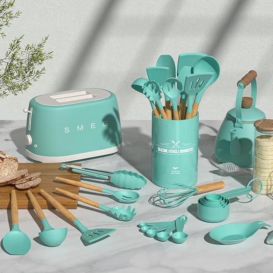 Umite Chef Kitchen Cooking Utensils Set, 24 pcs Non-stick Silicone Cooking Kitchen Utensils Spatula Set with Holder, Wooden Handle Heat Resistant Silicone Kitchen Gadgets Utensil Set (Green)