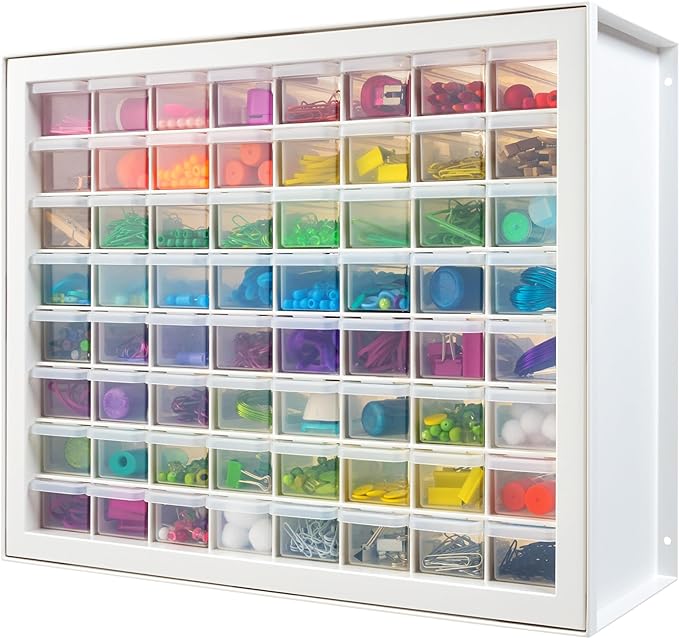 IRIS USA 64-Drawer Screw Organizer, Hardware Storage, Made in USA, White | Wall mountable, Stackable, Art & Craft Supplies, Beads, Gem Stones, Building Bricks, Garage Tool Storage