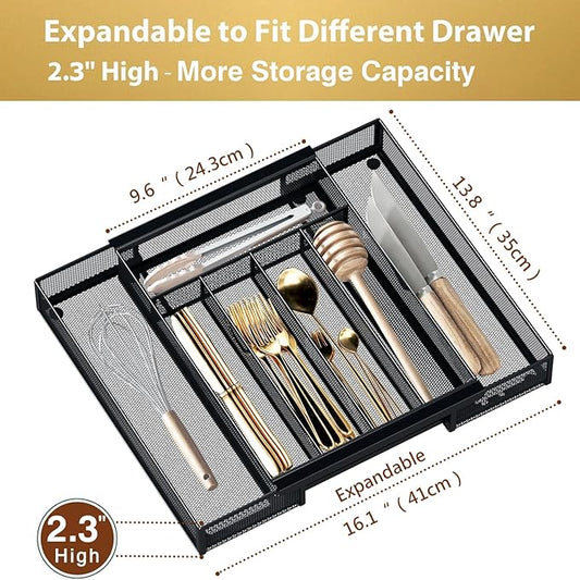 Sedegn Silverware Organizer Metal Mesh, Drawer Organizer, Utensil Cutlery Tray for kitchen drawers,Expandable Flatware Organizer with 7 Compartment Black 9.6"~16.1" x 13.8"