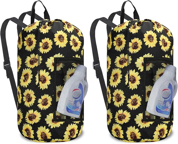 Laundry Bag Backpack Durable Laundry Bag with Shoulder Straps and Mesh Pockets Portable Laundry Hamper Dirty Clothes Bag for College, Travel, Laundromat, Apartment (Sunflower, 2 Pack)