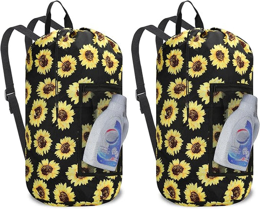 Laundry Bag Backpack Durable Laundry Bag with Shoulder Straps and Mesh Pockets Portable Laundry Hamper Dirty Clothes Bag for College, Travel, Laundromat, Apartment (Sunflower, 2 Pack)