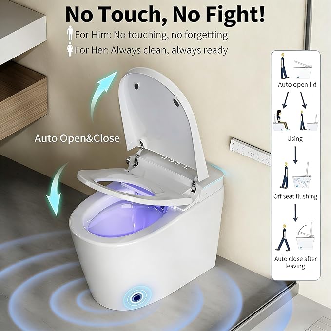 Smart Toilet with Bidet Built In - Dual Auto Flush 1.1/1.6GPF, 1000 Gram MaP, Bidet Toilet with Foam Shield, UV-C Light, Blackout Flush, One Piece Toilet with Heated Seat, Night Light, Auto Open/Close