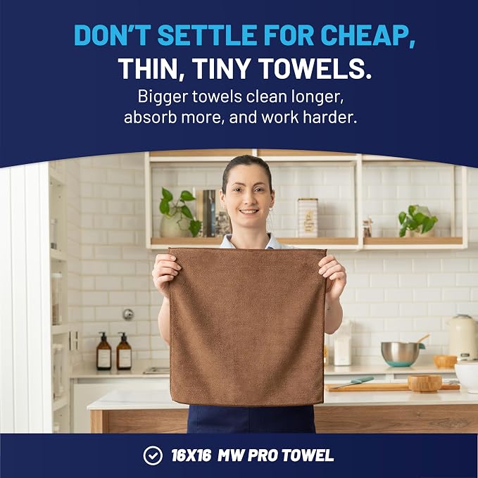 MW Pro Microfiber Cleaning Cloth | Brown | 12 Pack | 16” x 16” | Coffee, Barista, Espresso Towels - Clean, Dust, Polish, Scrub, Absorbent