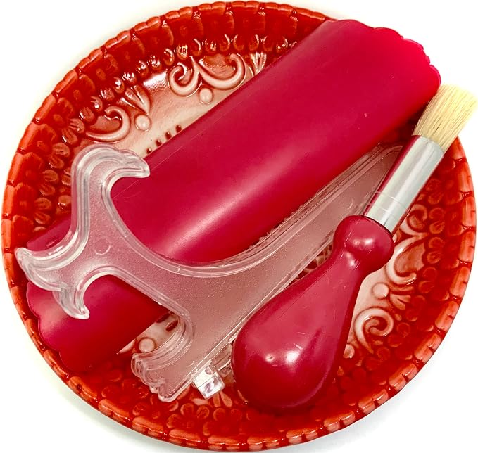 BonCera, All-in-one Premium Ceramic Garlic Grater Plate 4-Piece Set - Red Embossed Design and Style - For Garlic, Ginger, Chocolate, and more! - Comes with 5.25" Plate, Peeler, Brush, and Stand