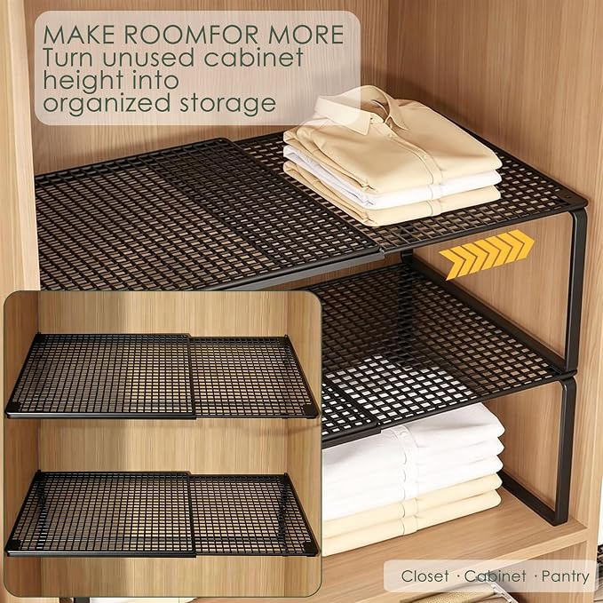 2 in 1 Expandable Floating Metal Cabinet Shelf, Black, 1pc | Adjustable, Anti-Rust Heavy Duty, 2 In 1, 15-24.4 Inch, Stand or Float, For Kitchen Pantry, Closet, Wardrobe