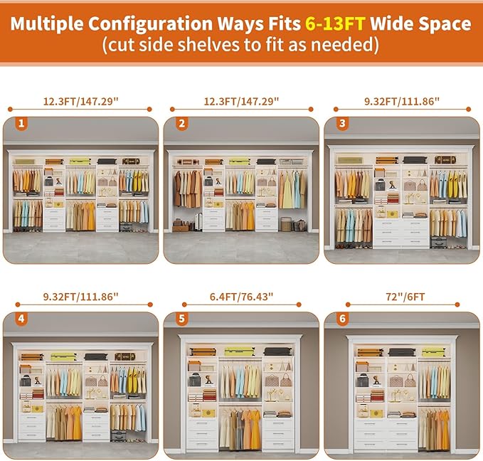 Closet System with 6 Drawers, 6-13FT Closet Organizer System Wood with 8 Shelves & 6 Expandable Hanging Rods, Closet Systems Kit for Walk in Closets, Modular Closet Organizer Systems, 2 Sets,White