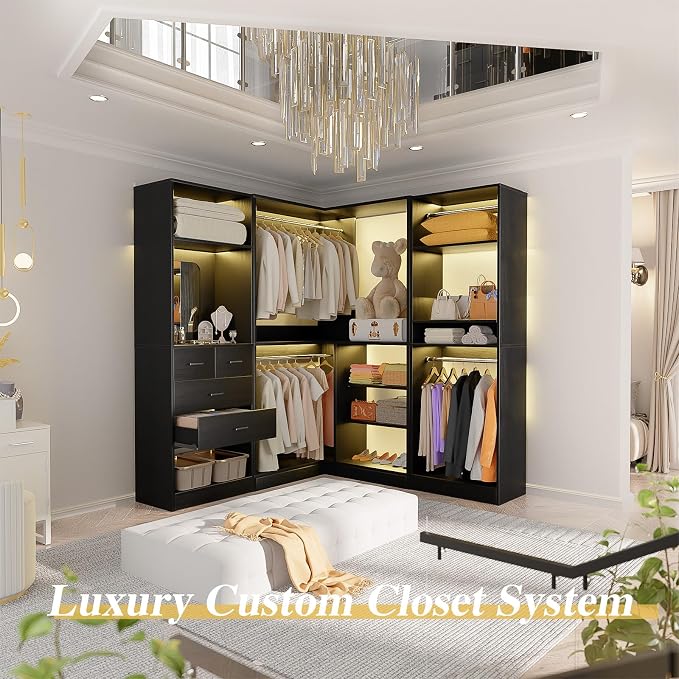 Unikito 86” Closet System, Corner Closets Organizer with Hanging Rods and Mirror, Freestanding Adjustable Clothes Garment Racks with Drawers, Sturdy Walk in Closet Kit with 3 Set Closets Tower, Black