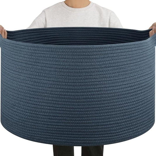 OIAHOMY 90L Extra Large Blanket Basket - Decorative Cotton Rope Storage Basket for Bedroom, Living Room & Nursery - Woven Laundry Hamper for Organizing Blankets, Clothes & Toys - Blue