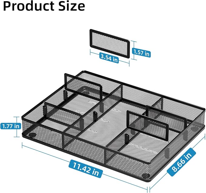 Marbrasse Desk Drawer Organizer, Metal Mesh Drawer Organizer Tray with 5 Adjustable Compartments,Desk Organizers and Accessories for Home,Office,Kitchen,Makeup,Vanity (Black)