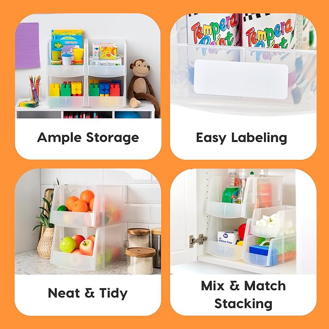 IRIS USA 4-Pack, X Large Plastic Stackable Storage Bin Organizer, Clear | Store snacks, cans, coffee pods, and household essentials with clear visibility and open access