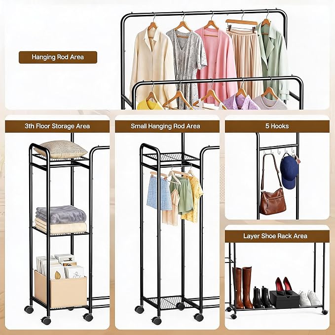 Heavy Duty Clothes Rack with Wheels, Double Rod Clothing Rack with Storage Shelves & Hooks, Rolling Garment Rack and Portable Closet Organizer for Bedroom, Laundry Room, Apartment