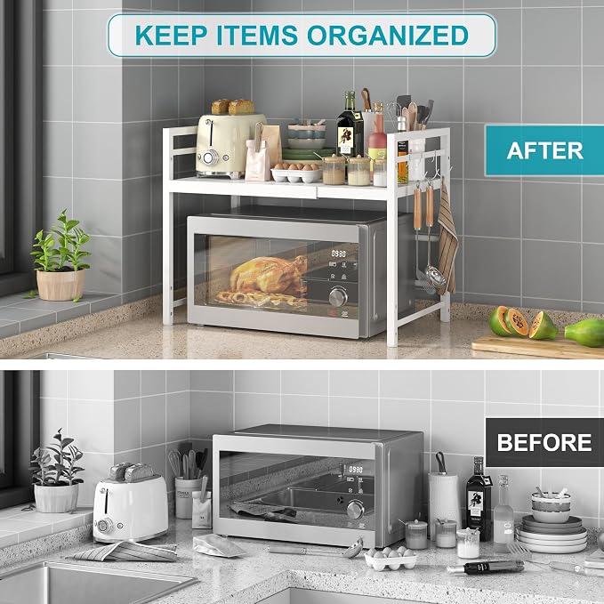DOLALIKE Expandable Microwave Stand Kitchen Countertop Organizer, White | Adjustable Microwave Oven Rack Metal Storage Shelf with 3 Hooks for Pans Small Appliances Kitchen Utensils Tableware, 2-Tier