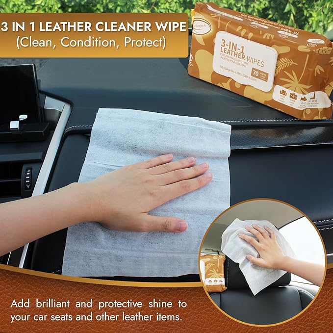 Air Jungles 3in1 Leather Cleaner Wipes 70 Count (3 Pack), XL 8x10 Inch | Clean Condition Protect Wipes for Vinyl and Leather Apparel Furniture Auto Car Interior Shoes Boots Bags