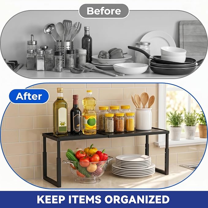 Expandable Cabinet Shelf Organizer, Stackable Kitchen Countertop Storage Shelves, Heavy Duty Adjustable Pantry Organizer Rack for Cabinet, Cupboard, Under Sink & Spice Storage