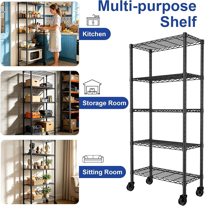 REGILLER 5-Wire Shelving Metal Storage Rack Adjustable Shelves,Standing Storage Shelf Units for Laundry Bathroom Kitchen Pantry Closet(Black,14.1" D x 30" W x 82" H,With Wheels)
