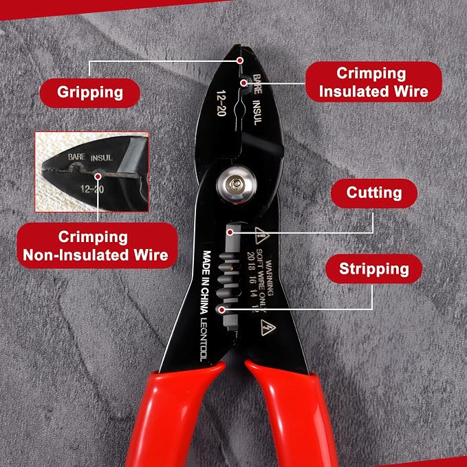 4-in-1 Multi Purpose Electricians Pliers, 7" Compact Wire Stripper | Wire Stripper Cutter Crimper Gripper, Cr-V Steel, Professional Crimping Tool, for 12-20 AWG Insulated & Non-Insulated Wires