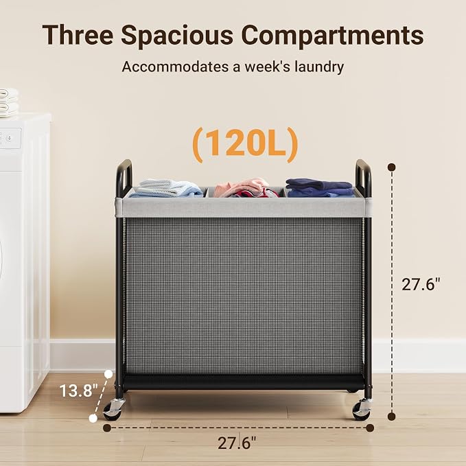 ELYKEN Laundry Hamper 3 Section, 120L Rolling Laundry Sorter with Wheels | Removable Washable Liner Bags, Sturdy Steel Frame and Metal Handle, 3 Compartment Clothes Organizer for Laundry Sorting