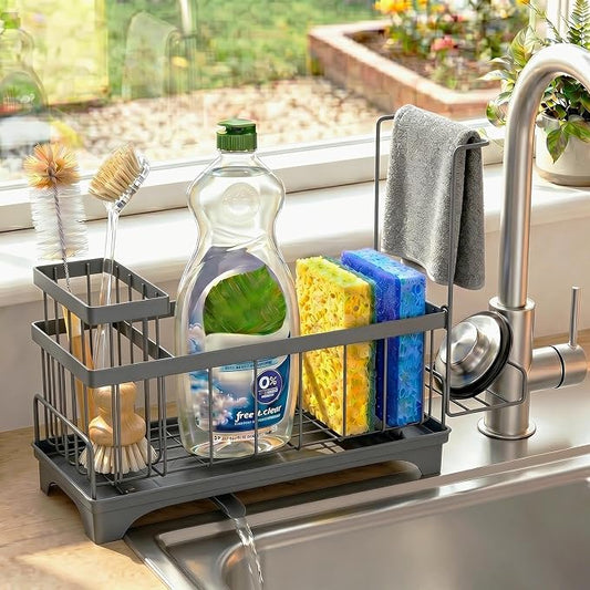 Sponge Holder for Kitchen Sink, Self-Draining Sink Caddy with Detachable Cloth & Dish Brush Rack, Metal Sponge Caddy Organizer for Kitchen Countertop Organizers and Storage Accessories, Gray