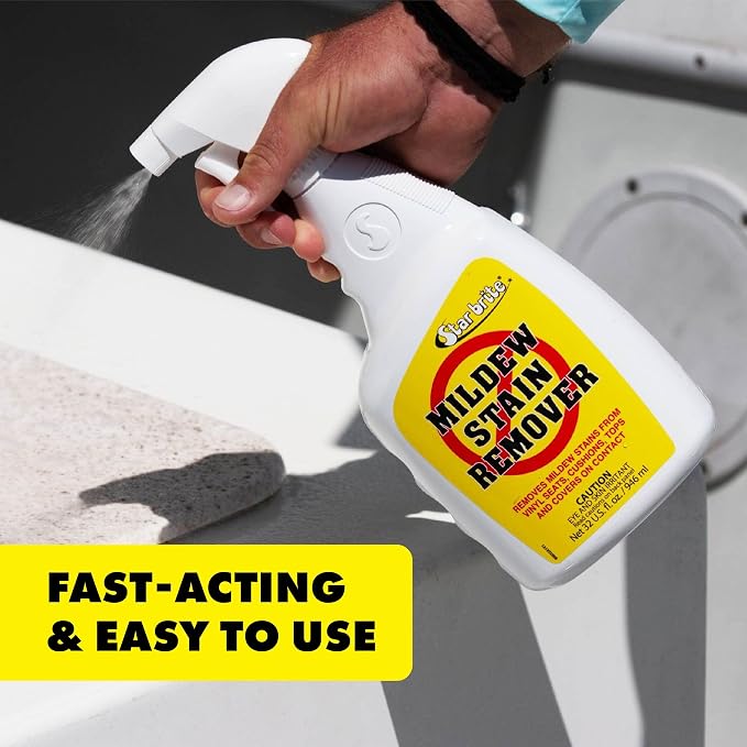 STAR BRITE Mold Stain & Mildew Stain Remover – Lifts Dirt & Removes Mildew Stains on Contact - 32 OZ (085632) | Triple-action buffered bleach lifts dirt, safe on stitching, works on tile, grout, gutters, roofs and vinyl