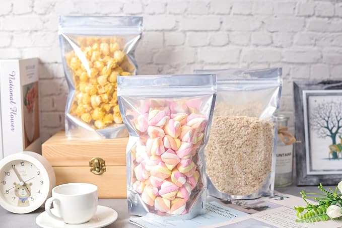 200 Pack Silver Mylar Bags, 6x9 in Stand Up Pouches | Food Storage, Resealable Closure, Small Business Packaging Supplies, Metallic Finish, Upright Base