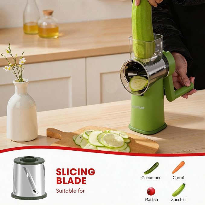 Rotary Cheese Grater Hand Crank with Foldable Handle, 3 Stainless Steel Blades, Perfect Graters for Kitchen, Manual Cheese Shredder Hand Crank with Suction Base, Rotary Grader, Green (Green)