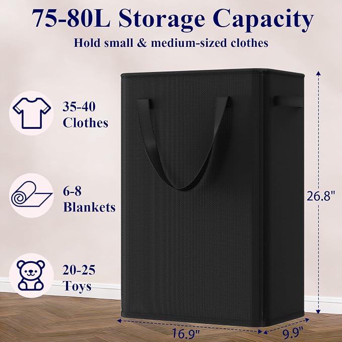 Optish 75L Slim Laundry Hamper, Large Laundry Basket With Handles, Black Narrow Laundry Basket for Dorm, Bedroom, Living Room, Collapsible Laundry Hamper