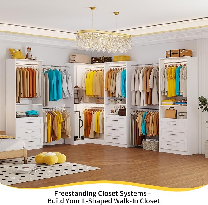Corner Closet System with 3 Drawers, Closet Organizer,2 Sets,White | 5 Hanging Rods, Heavy Duty Walk in Wooden Modular Storage System, Custom L-Shaped U -Shaped Freestanding 1400+ Lbs Capacity
