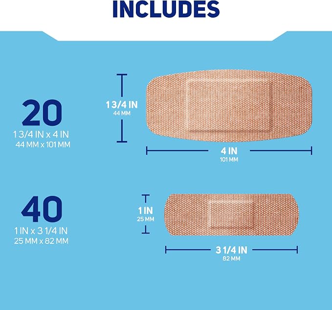 Care Science Heavy Fabric Adhesive Bandages, Assorted Sizes, 60 Count | Flexible + Breathable Protection for First Aid and Wound Care.