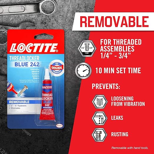 Loctite Threadlocker Blue 242 - Removable Thread Lock Glue for Nuts, Bolts, & Fasteners, Medium Strength Screw Glue to Prevent Loosening & Corrosion - 6 ml, 12 Pack