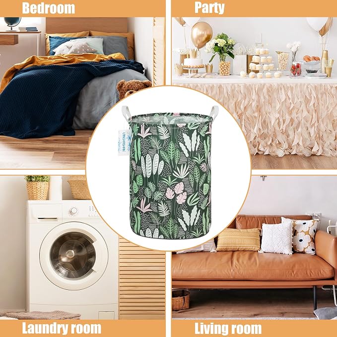 Round Laundry Basket Collapsible Storage Hamper Organizer Full Leaf | Waterproof Canvas Foldable Baskets with sturdy Handles Multi-scene Organizer for Home Play Bedroom Gift Bin