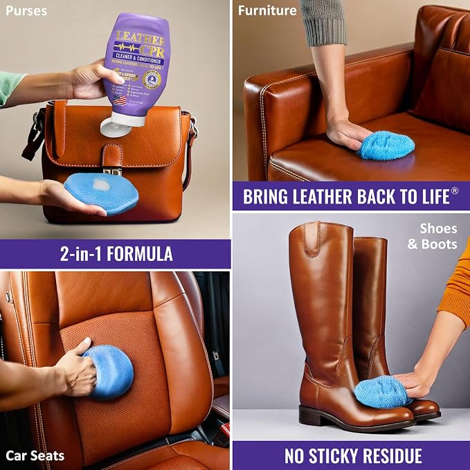 Leather CPR Cleaner and Conditioner 18oz. Bring Leather Back To Life on Furniture, Car Seats, Handbags, Jackets, Boots, Saddles, Purses & Shoes. Restores Shine, Softness & Color to Real Leather