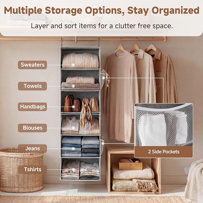 StorageWorks 6-Shelf Jumbo Closet Organizers, Two 3-Shelf Separable Hanging Shelves for Closet, 13" D x 15" W x 47 ¼"H，Gray