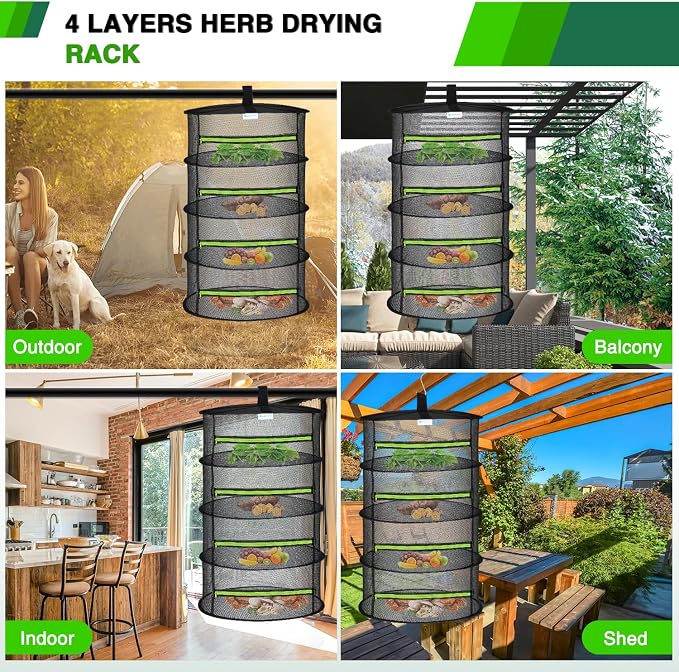 Yesker 4 Layer Herb Drying Rack Hanging Mesh Net Foldable Plant Drying Racks 24" Diameter with Green Zipper & Hook Dryer Hanging Rack for Herbs Seed Bud Fruit Clothes Grow Tent Closets Garden Outdoor