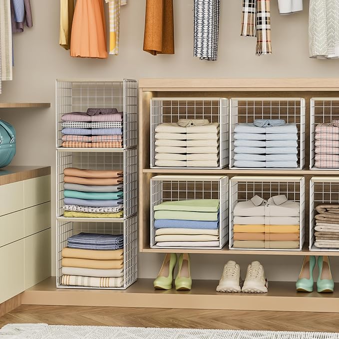 3PCS Stackable Closet Organizers and Storage, Closet Shelves with Wood Top Extra Storage, Clothes Storage Organizer Basket Bin/Cube for Home Wardrobe Organization(White-Sturdy Metal) Patent Pending