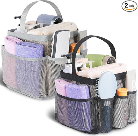 EUDELE 2 Pack Mesh Shower Caddy Portable for College Dorm Room Essentials, Shower Caddy Dorm with 8-Pocket Large Capacity,Shower Bag for Beach,Swimming,Gym All Black+All Grey