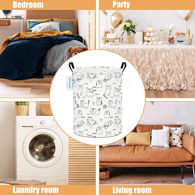 Round Laundry Basket Collapsible Storage Hamper Organizer Cat | Waterproof Canvas Foldable Baskets with sturdy Handles Multi-scene Organizer for Home Play Bedroom Gift Bin